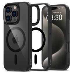 iPhone 16 Pro must/läbipaistev Magmat MagSafe silikoonümbris.